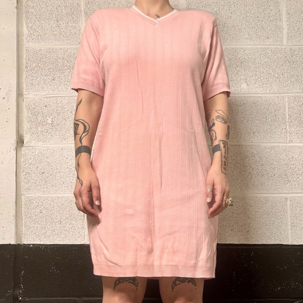 Vintage Baby Pink Short Sleeve Ribbed Knit Mini Sweater Dress Size xLarge